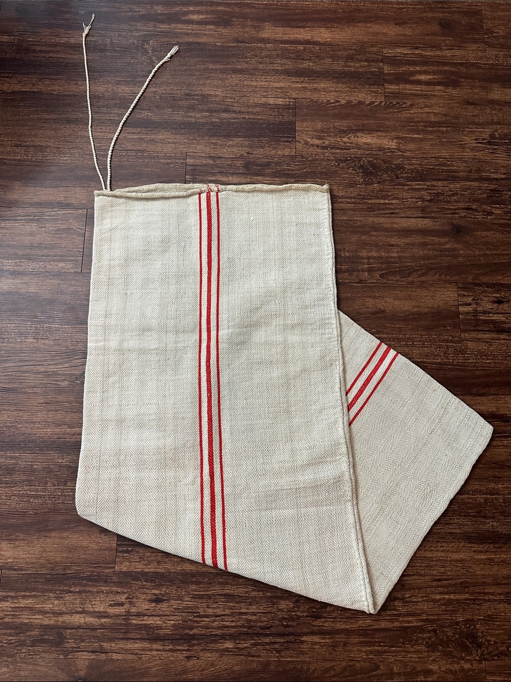 Antique French European Grain Sack Linen Hemp Fabric Red Stripe - Picture 5 of 7